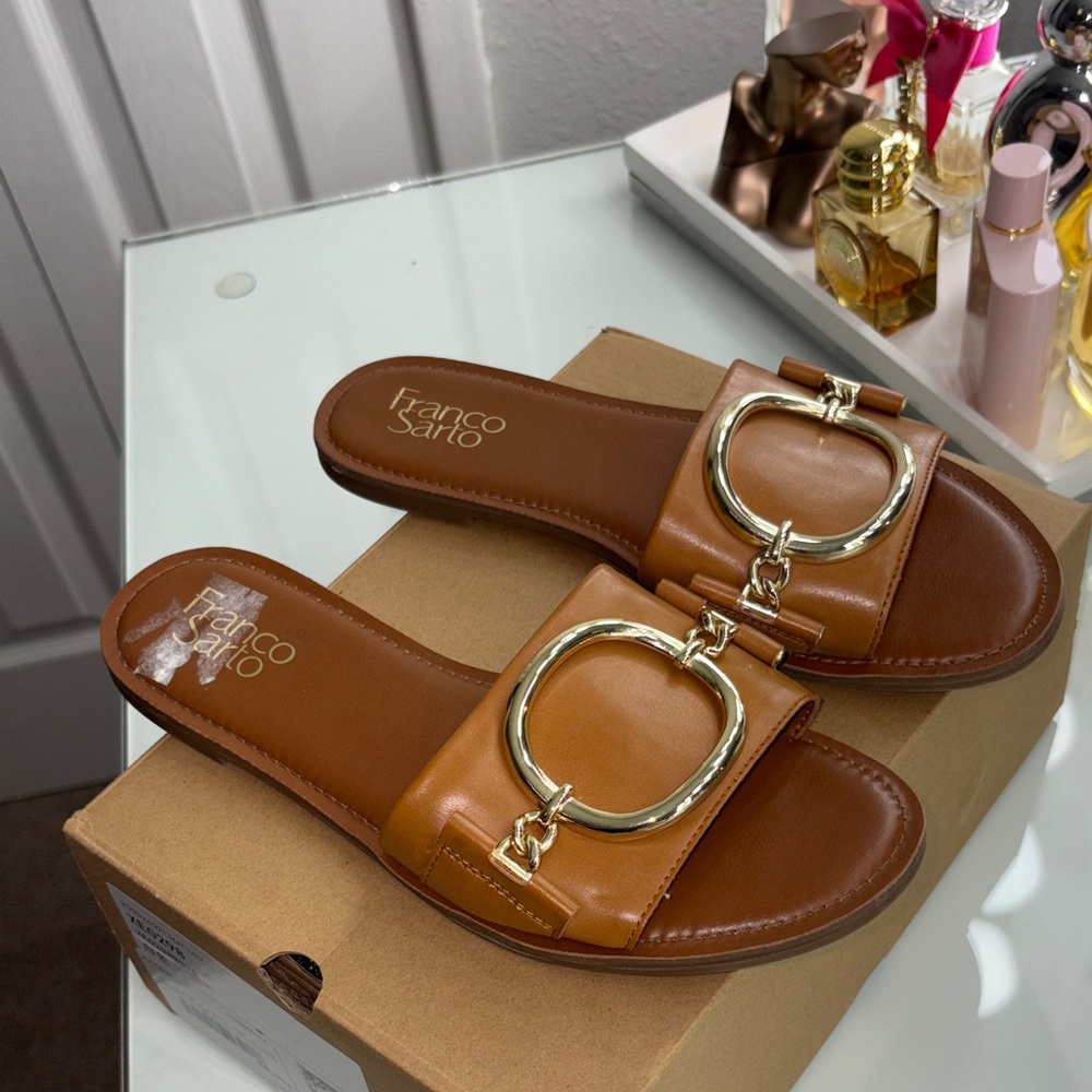 Franco Sarto Tan Slide Sandals with Gold Accent